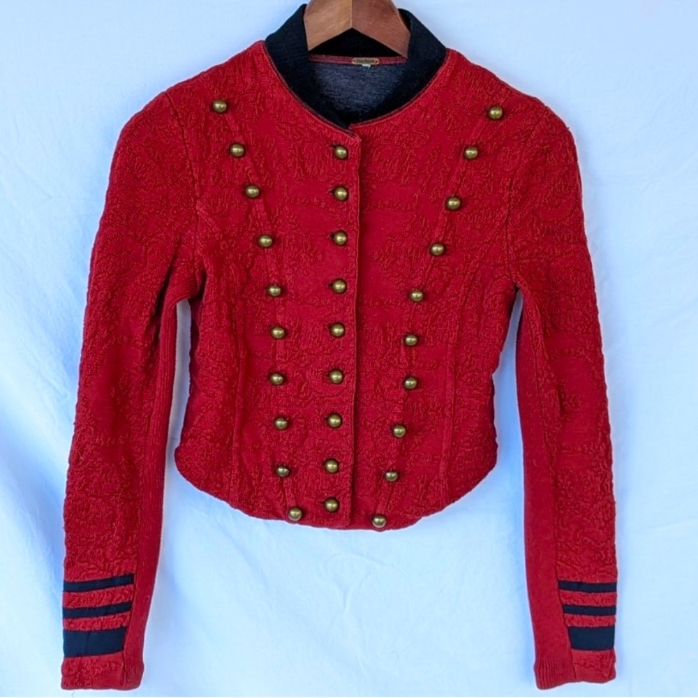 Free People Red Military Jacket w Gold Buttons